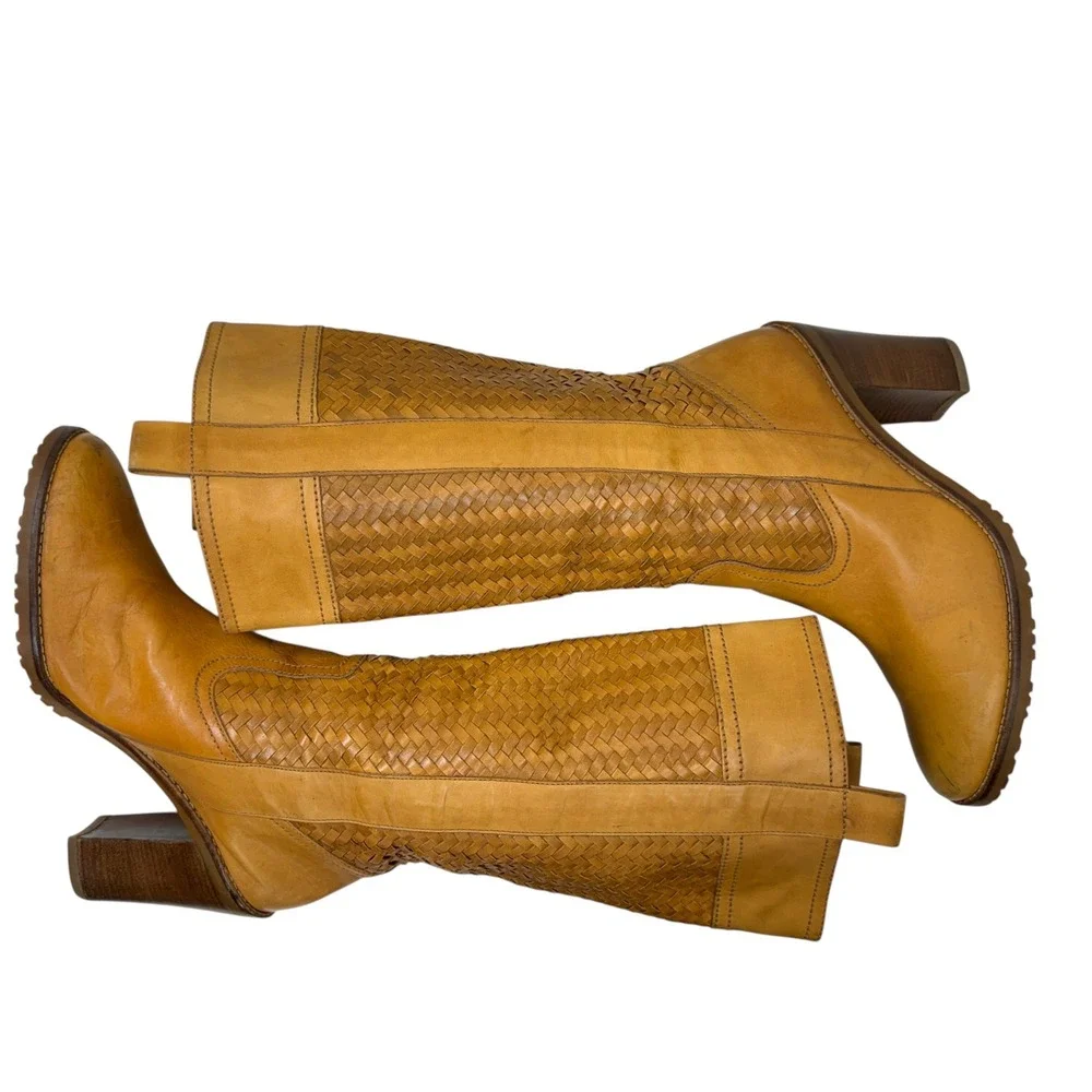 Cole Haan Woven Leather Tall Boots Womens 8.5 Block Heel Lug Sole Camel Tan - Picture 10 of 12